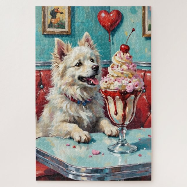 Quebra-cabeça American Eskimo Dog Valentine's Day Heart Sundae (Vertical)