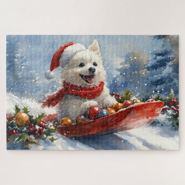 Quebra-cabeça American Eskimo em Trineo Deixe Nevar Natal (Horizontal)