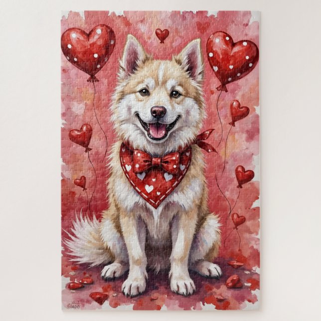 Quebra-cabeça American Eskimo Valentine Dog Art with Hearts (Vertical)
