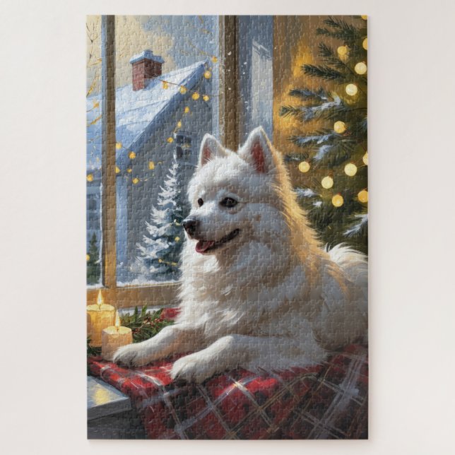 Quebra-cabeça American Eskimo With Christmas Lights Holiday (Vertical)
