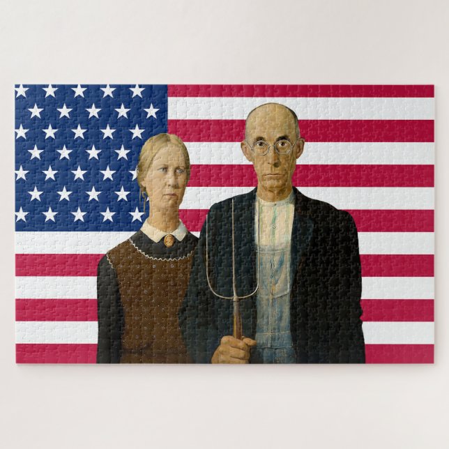 Quebra-cabeça American Gothic Farmers USA American Flag (Horizontal)