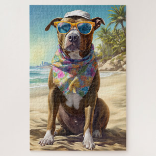 Quebra-cabeça American Staffordshire na praia, presente de verão