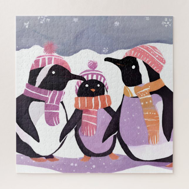 Quebra-cabeça Amigos Pinguins de Natal | Aquarela de Inverno (Vertical)