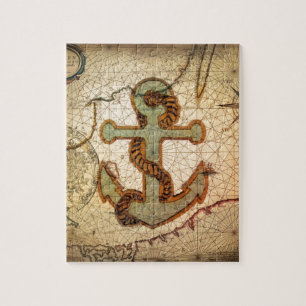 Quebra-cabeça Âncora náutica do vintage do mapa da praia litor