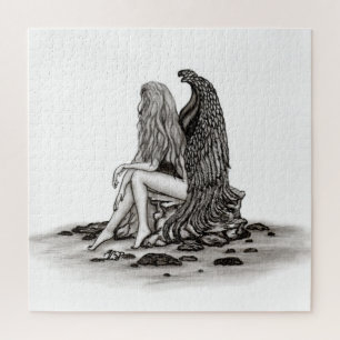 Quebra-cabeça Angel, perdido no pensamento, Design preto e branc