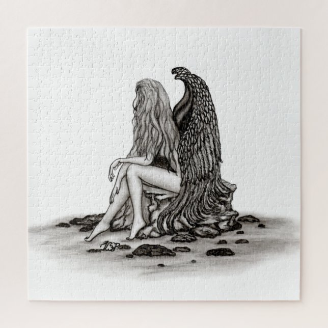 Quebra-cabeça Angel, perdido no pensamento, Design preto e branc (Vertical)