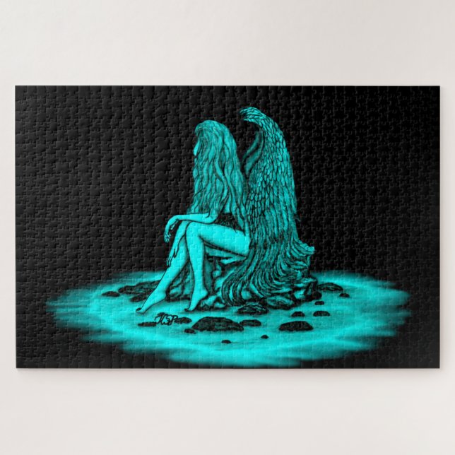 Quebra-cabeça Angel, perdido no pensamento, Design preto e verde (Horizontal)