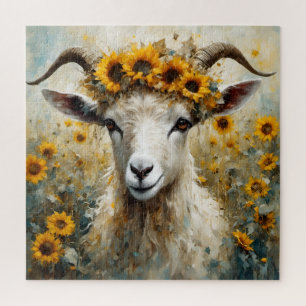 Quebra-cabeça Angora Goat Adorável nos Campos de Girassol