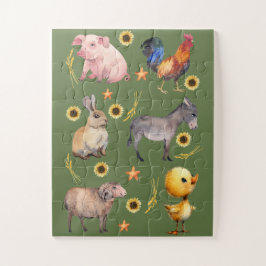 Quebra-cabeça Animais da Fazenda e Girassóis em Aquarela Puzzle