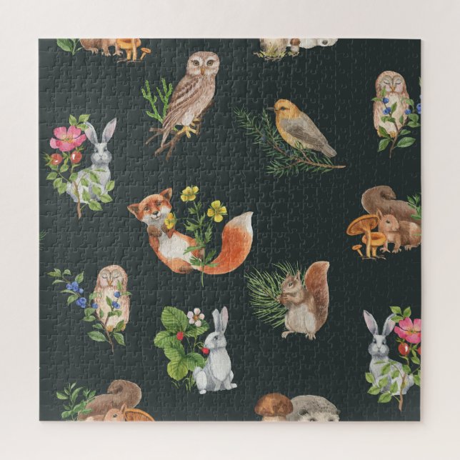 Quebra-cabeça Animais da Floresta de Aquarelas: Cute Sem Costura (Vertical)