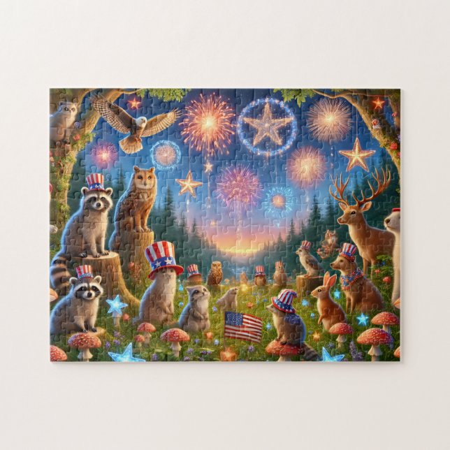 Quebra-cabeça Animais Patrióticos da Floresta no Fogo de Artifíc (Horizontal)