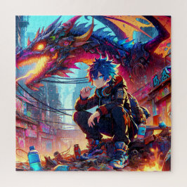 Quebra-cabeça Anime Boy e Dragão em um mundo distópico