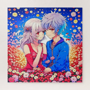 Quebra-cabeça Anime Casal Ama Flores e Corações