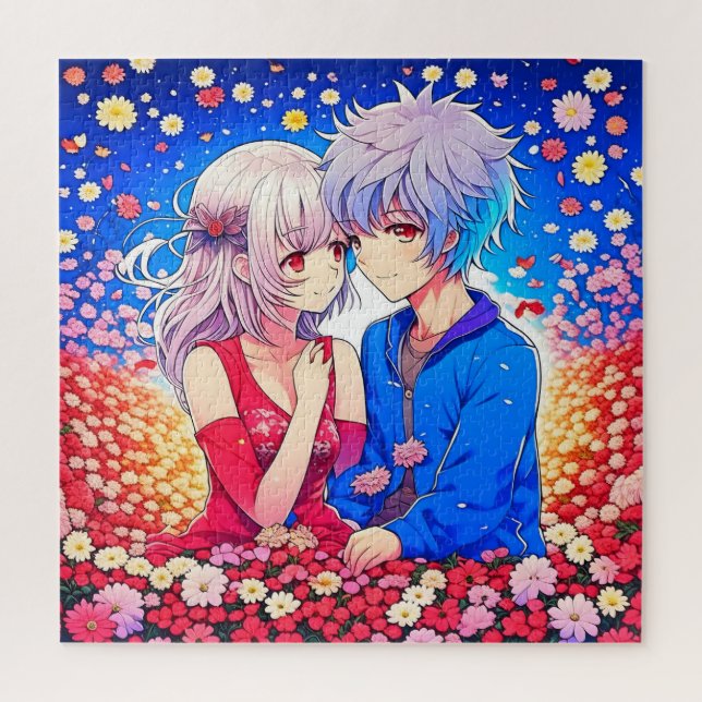Quebra-cabeça Anime Casal Ama Flores e Corações (Vertical)