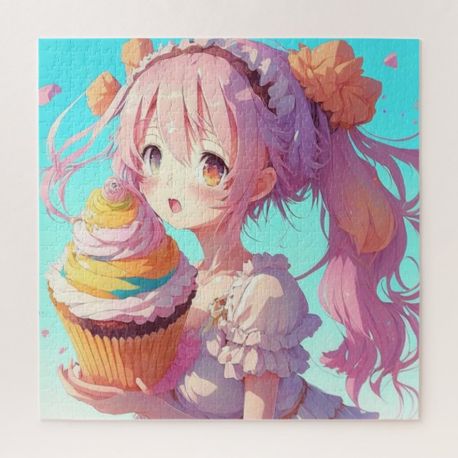Quebra-cabeça Anime Girl com Cupcake Whimsical (Vertical)