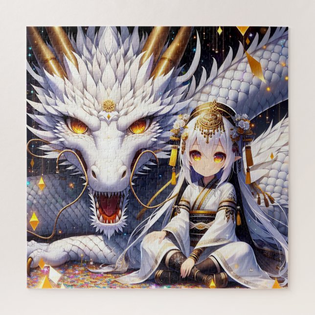 Quebra-cabeça Anime Girl Warrior e Dragon Ai Art (Vertical)
