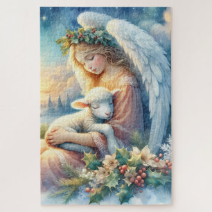 Quebra-cabeça Anjo de Natal com Cordeiro em Paz Invernal