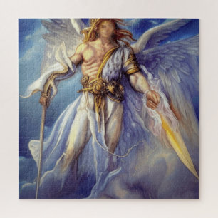 Quebra-cabeça Anjo em carro azul carregando uma espada