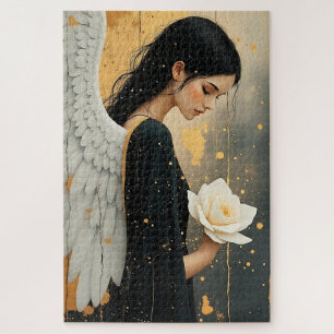 Quebra-cabeça Anjo Gótico Lindo e Rosa Branca Celestial