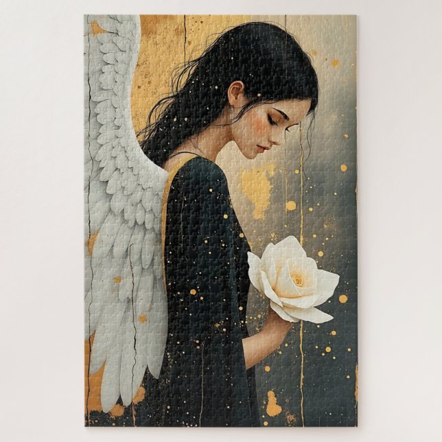 Quebra-cabeça Anjo Gótico Lindo e Rosa Branca Celestial (Vertical)