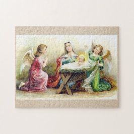 Quebra-cabeça Anjos do vintage que cercam o bebê Jesus e Mary