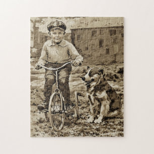 Quebra-cabeça Antigamente Menino de Bicicleta Com Cachorro