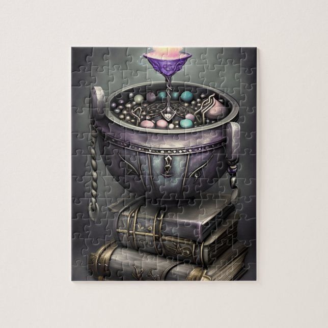 Quebra-cabeça Antiguamente Steampunk Cauldron na Pilha de Livros (Vertical)