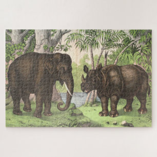 Quebra-cabeça Antiquado Elefante Rhino Watercolor Impressão