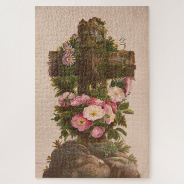Quebra-cabeça Antique Rustic Cross, Wild Roses, Easter Card, (Vertical)