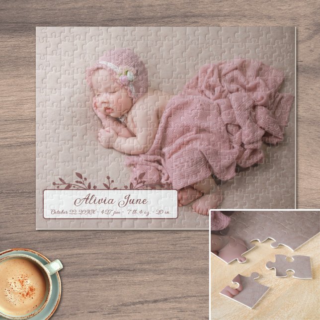 Quebra-cabeça Anúncio personalizado de nascimento de foto de beb (Customizable Baby Girl Birth Announcement Photo Jigsaw Puzzle)