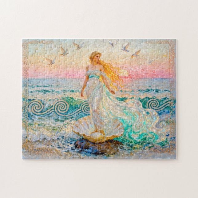Quebra-cabeça Aphrodite Rising from Seashell at the Ocean Shore (Horizontal)