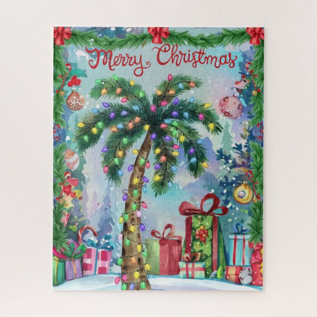 Quebra-cabeça Aquarela Árvore de Palmeira Tropical Natal (Vertical)