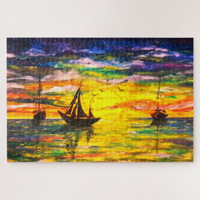 Quebra-cabeça Aquarela - Barcos Ao Sol - Arte - (Horizontal)