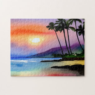 Quebra-cabeça Aquarela Cênica de Praia Tropical