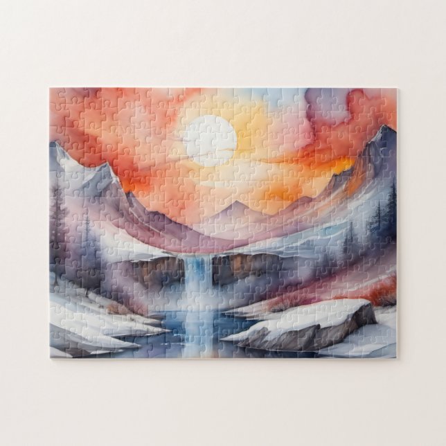 Quebra-cabeça Aquarela das montanhas cobertas de neve sob o sol (Horizontal)