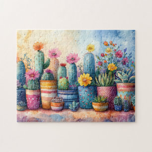 Quebra-cabeça Aquarela de cacto e flores de jardim