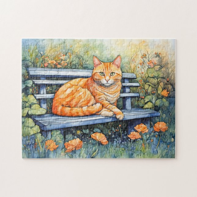 Quebra-cabeça Aquarela de Gato no Bench no Jardim Flor (Horizontal)