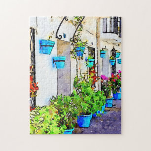 Quebra-cabeça Aquarela digital da rua em Mijas Pueblo