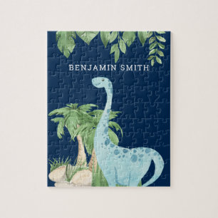 Quebra-cabeça Aquarela Dinossauro Fofo Azul Nome Personalizado