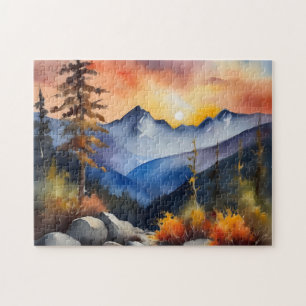 Quebra-cabeça Aquarela do nascer do sol sobre as montanhas cober