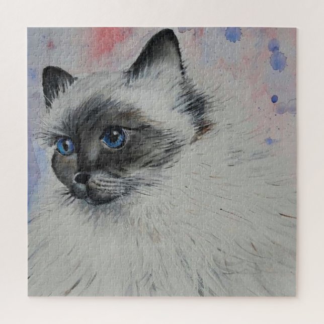 Quebra-cabeça Aquarela - Gato Com Olhos Azuis - (Vertical)