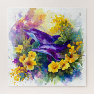 Quebra-cabeça Aquarela Golfinhos Flores Tropicais Oceano