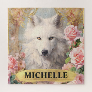 Quebra-cabeça Aquarela Lobo Branco Vintage e Rosas Rosas