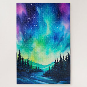 Quebra-cabeça Aquarela Luzes do Norte aurora boreal 