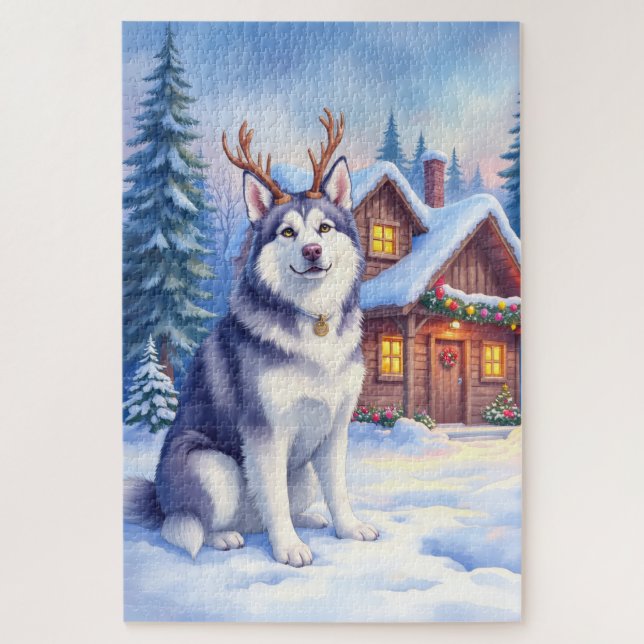 Quebra-cabeça Aquarela Malamute do Alasca Rena Natal (Vertical)