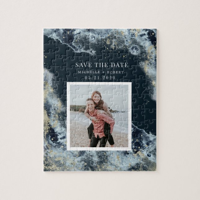 Quebra-cabeça aquarela ondas costeiras salvar a data foto jigsa (Vertical)