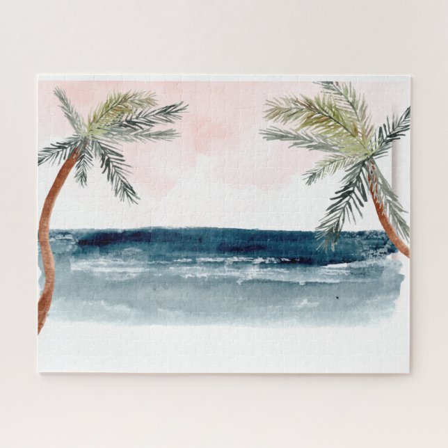 Quebra-cabeça Aquarela Palmeiras da Praia Tropical Relax (Horizontal)