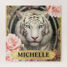 Aquarela Tigre Branco Vintage e Rosas Rosas