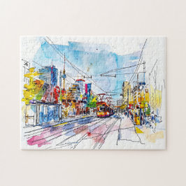Quebra-cabeça Aquarela Tram Berlim Mitte Fachadas Coloridas
