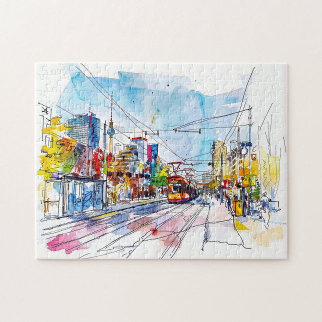 Quebra-cabeça Aquarela Tram Berlim Mitte Fachadas Coloridas (Horizontal)